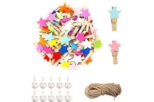 DUOYIF 50 Pezzi Mollette In Legno Clip a Stella, Molletta Piccola Decorative, Fai Da Te Foto Clip, Mini Mollette Con 10m Filo Juta E 10pcs Unghie, Mollette Multicolor Per Pareti Fotografiche Artigianato