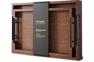 Fibogollo Bamboo Set of 2 Serving Tray with Metal Handles,Ottoman Decorative Trays Platter for Coffee Table,Living Room,Bar,Party(Brown)