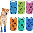 Qpets® 6Pcs Dog Bandages for Walk, Self-Adhesive Pet Bandage with Cute Paw Print Design, Waterproof Non-Woven Cat Dog Injury Recovery Wrap Lick-Proof & Breathable (10x5.4cm, Total Length 4.5M)