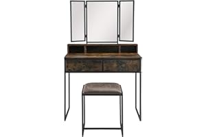 MODERION Dressing Table with 3 Piece Folding Mirror (Includes 3 Dividers), Vanity Table with Padded Stool, 2 Drawers, 90 x 40 x 142 cm (Brown A1)