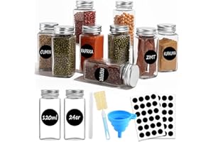 FINEW Set di 24 barattoli per spezie, rettangolari, da 120 ml, con inserto per spargere in vetro, portaspezie con etichette, per cucina