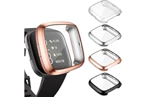 KIMILAR Screen Protector compatible with Fitbit Versa 2, (4 Pack) Soft TPU Plated Full Coverage Screen Bumper Protective Cover Case compatible with Fitbit Versa 2 Only, Black+Rosegold+Silver+Clear