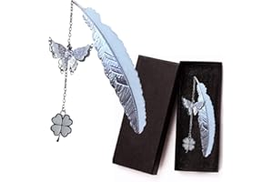 FAMIDIQGO 1 Pcs Marque-Page, Papillon Lumineux Plume Trèfle à Quatre Feuilles avec Boîte Cadeau, Donnez des Ailes à Votre Lecture, Cadeau pour Parents et Amis (Argent)