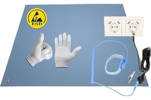 Minadax GR-L Tapis de table antistatique ESD de qualité supérieure pour ordinateur, 60 x 30 cm, avec manchette, rallonge de 2,4 m, gants ESD Bleu