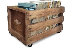 Retro Musique Aufbewahrungskiste für 12-Zoll-LP-Schallplatten aus Holz auf Rädern | Hält bis zu 100 Alben (in PVC-Hüllen) mit Sackleinen-Stoffhülle | Hergestellt aus starkem Naturholz