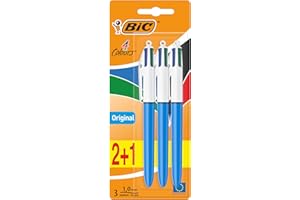 BIC 4 Colours Original Retractable Ballpoint Pen Pack Of 3 (2 + 1 Bonus) Medium Point (1.0 Mm) With Four Ink Colors In Each Pen (Blue, Green, Black, Red)