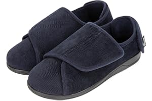 HomeTop Men's Corduroy Slippers Comfy Adjustable Hook and Loop Memory Foam Wide Indoor House Shoes for Diabetic Swollen Feet
