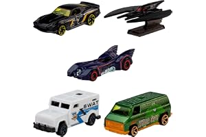 Hot Wheels 5-pack med Batman-fordon | Set med 5 leksaksbilar i skala 1:64, inklusive Batmobile, Batplane och pansarlastbil, J