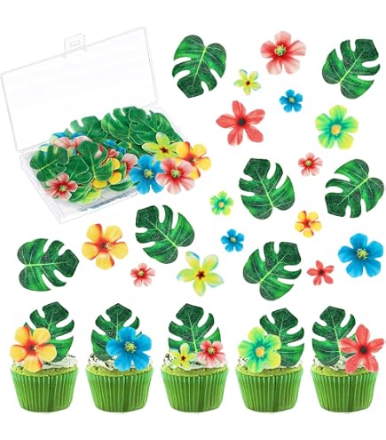 Comestible Feuille de Tortue Cupcake Toppers Feuille de Palmier Tropical Cupcake Toppers pour Mariage Fête d'anniversaire Hawaiian Jungle Décoration d'été Décoration de Gâteau Feuilles 48 Pièces