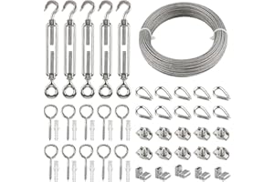 ANESTY Fune Acciaio Cavo Corda Acciaio Inox Kit,35m Rotolo Filo in Acciaio con M5 Tenditori Gancio ed Occhiello,Viti a occhio,Filo Corda Morsetti,Morsetto per Fune Metallica,Redancia Redance per Cavi e Funi