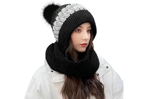 Figarge Hiver Chaud Tricoté Bonnet Et Ensembles De Cache-Cou,Bonnet Tricoté Flexible Avec Boule De Poils,Doublé En Molleton Épais Doux