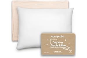 Comfy Cubs Toddler Pillow with Muslin Pillowcase, 33 cm x 46 cm - Travel & Sleep Support for Kids - Lightweight, Breathable Microfiber Fill - Soft & Cosy Baby Pillow Designed in the US - Cream