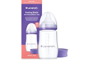 Lansinoh Anti Colic Baby Bottle - 240ml - NaturalWave® Medium Flow Teats Reduces Nipple Confusion + New Stackable Lid Breast Milk Storage Bottles Breastfeeding Bottle Feeding - Baby Bottles