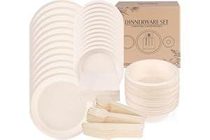 ilauke 170 Platos de Papel Desechables, Compostables y Biodegradables - 40 Platos, 20 Cuchillos, 20 Cucharas, 20 Tenedores, 20 Cuencos, 50 Servilletas - Para Barbacoas, Camping y Fiestas