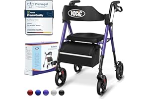 VOCIC Rollator Walker with Seat, Brakes, Bag, Foldable Walking Aid, Adjustable Height, Lightweight Rollator for Disabled, 20cm/8'' Wheels for All Terrain, 5 Year Support,Purple