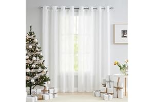 Treatmentex Cortinas Dormitorio y Salon, Visillos Salon Translúcidos 2 Piezas 136x245cm, Textura de Lino Blanco Transparente con Ojales para Oficina, Habitación, Comedor