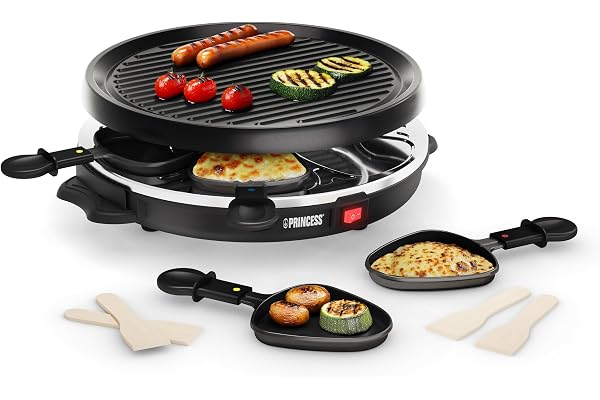 Princess Raclette pour 6 personnes avec plaque de grill ronde amovible – Surface antiadhésive, cuisson saine sans matière grasse, idéale pour viande, poisson et légumes