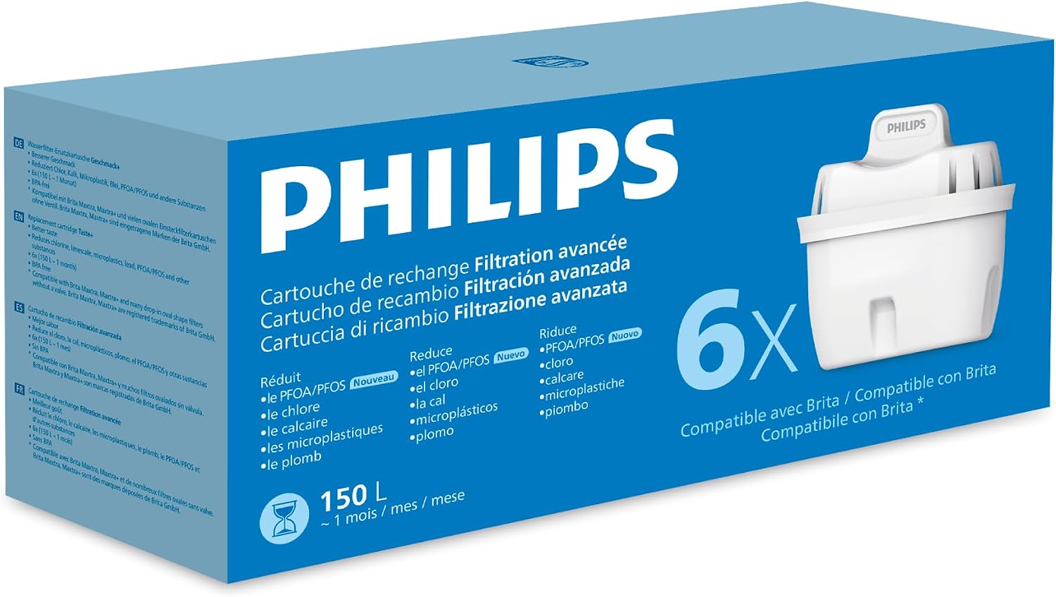 Philips Water Cartuchos de filtro de agua de repuesto Filtración Avanzada, pack de 6 filtros, reduce los MICROPLÁSTICOS, el CLORO, la CAL, los METALES PESADOS, Compatible con brita*