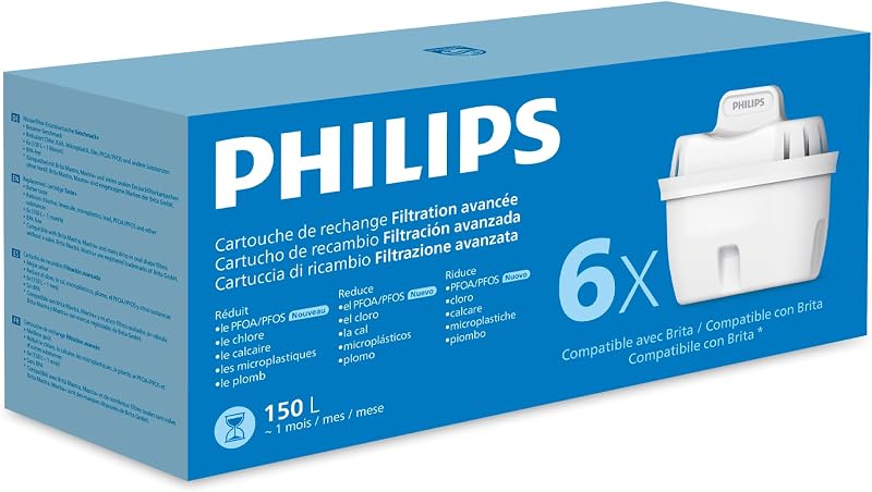 Philips Water Cartuchos de filtro de agua de repuesto Filtración Avanzada, pack de 6 filtros, reduce los MICROPLÁSTICOS, el CLORO, la CAL, los METALES PESADOS, Compatible con brita*