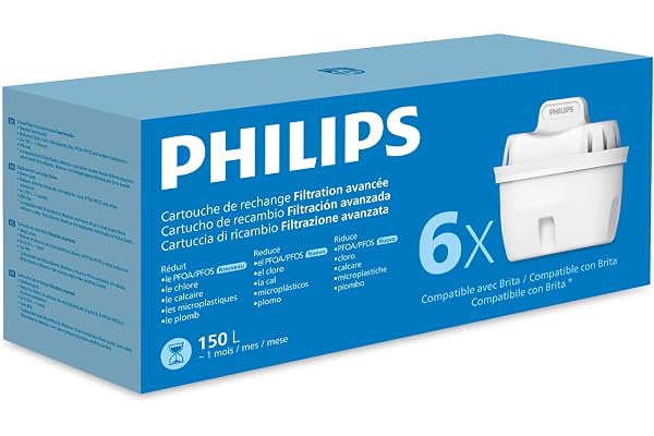 Philips Water Cartouches filtrantes de rechange Filtration avancée, paquet de 6, réduisent les MICROPLASTIQUES, le CHLORE, le CALCAIRE, les MÉTAUX LOURDS, Compatible avec Brita*