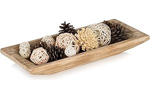 Hanobe Decorative Wood Dough Bowl: Long Wooden Centerpiece Table Decorations Natural Candle Holder Tray Decor Rustic Unfinished Trough Centerpieces for Dining Room Kitchen, Burnt