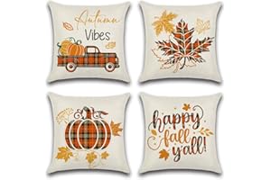 Artscope Jesienne poszewki na poduszki 40 x 40 cm, zestaw 4 szt., na jesienną dekorację, bawół, krata, dynia, liście, liść klonu, ciężarówka, na zewnątrz, na Święto Dziękczynienia, dekoracyjne