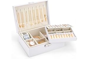 Sofore Portagioie Donna Porta Gioie Portagioie Bambina Grande Porta Gioielli Bambina a 2 Strati in Pelle PU Donna da Camera Organizer Gioielli Storing Jewelry Earrings Anelli, Bianco Perla