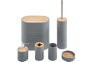 IlGruppone Set Completo Accessori Bagno 6 Pezzi Design Moderno in Plastica e bambù Incluso Cestino Pattumiera,Dispenser Sapone, PortaSaponetta, Porta Spazzolini - Grigio
