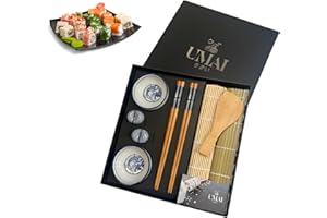 UMAI Sushi Kit | Home Sushi Making Kit | Ideal for Beginners | Sushi Set 2 Sushi Mats + Lollipop + 2 Sets of Chopsticks + 2 Soy Bowls + 2 Sticks Holders + QR with Recipe Book