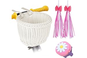 SVNR Kids Bike Basket Set,Bike Basket Kids,Wicker Girl Bike Basket,Bike Handle Bowknot Streamers and Bell,Children Cycling Basket with Spare Leather Straps,Easy Install Detachable