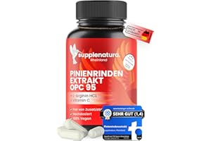 SUPPLENATURA. RHEINLAND Pinienrindenextrakt - 750mg pro Kapsel - PREMIUM: mit L-Arginin & Vitamin C – Französische Seekiefer mit 36% OPC | Kiefernrindenextrakt ohne Zusätze – SUPPLENATURA®