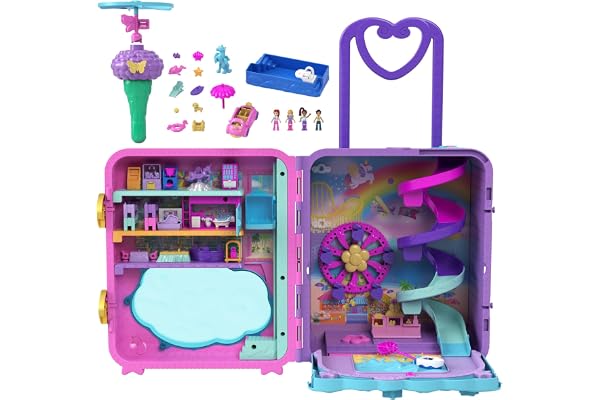 Polly Pocket Coffret Valise Pollyville, Jeu Valise Touristique avec 5 Zones De Jeu, Comprend 4 Figurines Et 1 Véhicule Pocket, Plus 25 Accessoires Inclus, Jouet pour Enfant de 4 Ans et Plus, HKV43