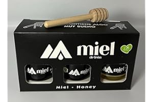 MIEL DE LEON Miel pura de Abeja. Miel de Brezo y Roble/Miel de Castaño/Miel de Flores. Pack de 3 tarros de 35grs con palito para probar los 3 sabores. Miel de Abeja 100% Natural. Producto Artesano.