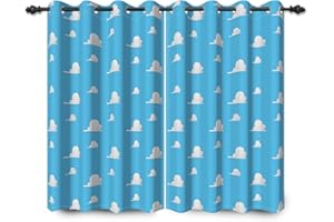 YONGFOTO 117x183cm Cartoon Pattern Window Curtains White Fluffy Clouds Drawing Blackout Drapes Modern Minimalist Style Dreamy Baby Blue Home Curtains with Eyelets for Kids’ Bedroom Decor 2 Panel