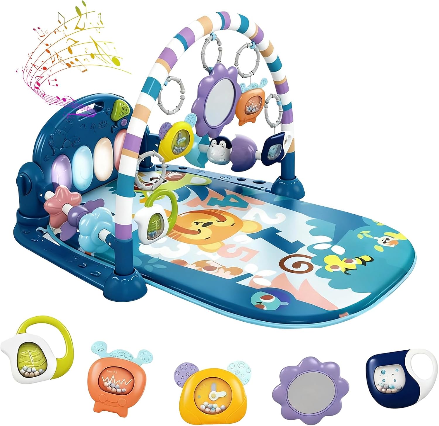 LN COZY CORNER Baby Play Mat Gym, 6-Mode Activity Mat with Kick-Activated Piano & Lights, with 5 Infant Sensory Baby Toys Extra Guardrail, Tummy Time Mat for Newborn Infants 0-12 Months (Blue)