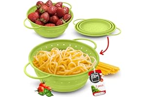 Coolinato – Set di 2 colini silicone pieghevoli 20 e 24 cm verde – Scolapasta da cucina lavabile in lavastoviglie, privo di BPA e resistente al calore fino a 230°C - Setaccio salvaspazio richiudibile