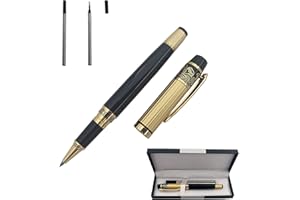 Accod Comfortable Grip Metal Rollerball Pen Business Signature Pen Fluent Writing Pen with Two 0.5mm Replacement Black Refills Gift Pen Premium Gift Box (Black&Gold)
