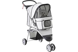 PawHut Poussette buggy pliable animaux, chariot pliant chien chat, porte-gobelet panier de rangement inclus, roues avec frein, tissu 600D Oxford acier, 75 x 45 x 97 cm gris