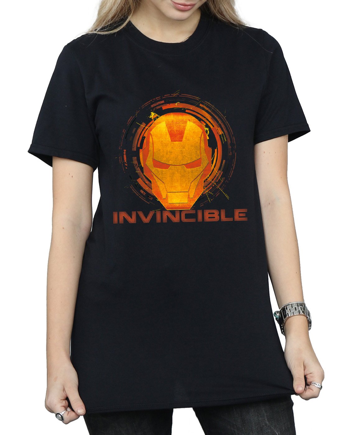 Marvel-Damen-Iron-Man-Invincible-Boyfriend-Fit-T-Shirt-Large-Schwarz