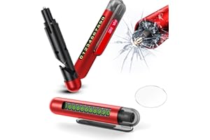 DATEFUN Martillo de Emergencia Coche con Tarjeta de Estacionamiento Temporal - 3 en 1 Rompe Cristales y Cinturones - Multifunción Martillos de Seguridad para Automóvil, Autobús (Red)