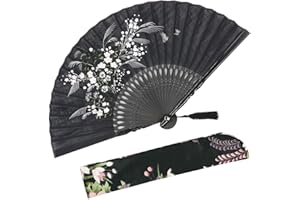 OMyTea - 'Grassflower', Faltbarer Handfächer für Frauen. Japanischer/Chinesischer Retrostil. Mit Schutzbeutel aus Stoff. Schwarz