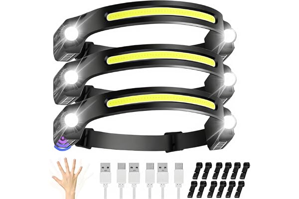JIASESCS Lampe Frontale LED Ultra Puissante,3PCS Lampe Frontale Rechargeable 6 Mods Légère et Ultra-Lumineuse avec Capteur de Mouvement et étanche,Cadeau pour Adultes et Enfants Randonnée et Pied