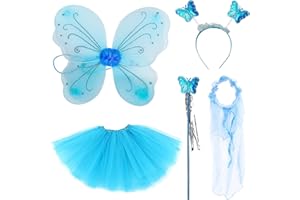 BDSHUNBF 5 Pcs Feen kostüm Kinder für Mädchen, Feenflügel Kinder Schmetterling Kostüm Mädchen, Schmetterlingsflügel Kinder Tutu Zauberstab und Haarreifen, Fee Kostüm Damen Schmetterling Flügel, Blau