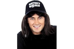 ALLAURA Compatible with Wayne’s World Wig and Hat – Black Mullet Wig with Wayne’s Cap for Men – 80s Rocker Costume, Heavy Metal Look, 1980s Party Outfit, Funny Halloween or Couples Costume Accessory