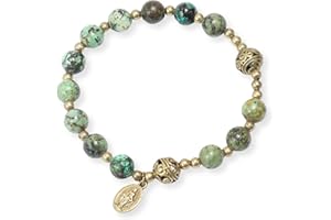 NAZARETH STORE Bracciale rosario con perline di pietra con distanziatori in metallo e medaglia cattolica - Gioiello da polso resistente ed elegante