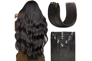 ‎SUNYA Sunya Clip In Echthaar Verlängerungen Remy Clip in Extensions Human Hair Natürliches Schwarz Nahtlos Glattes Haar Extensions Real Bouble Hair Weft 40cm 120g 8pcs