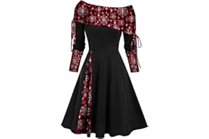 JKJFJKA Weihnachten Schulterfrei Kleider für Damen Vintage Druck Patchwork A-Linie Kleid Lässig Locker Fließend Swing Cocktail Party Abschlussball Kleider Weihnachten Maxi Kleid für Damen