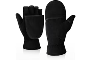 Kakaly Men's Convertible Fingerless Gloves - Winter Thermal Black Polar Fleece Mittens Half Finger Work Fishing Driving Running Gloves Gift Sizes M, L, XL