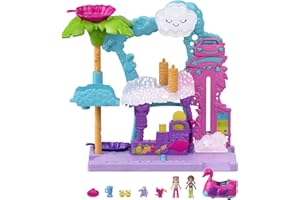 Polly Pocket Pollyville Flamingowa myjnia Zestaw do zabawy z 2 mikrolalkami, zmieniającym kolor pojazdem z motywem flaminga i akcesoriami do zabawy z wodą, prezent dla dzieci od 4 roku życia, HHJ05