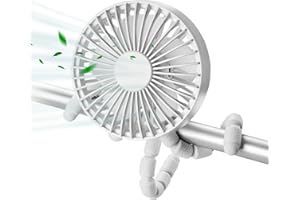 DISDARKDAY Ventilateur Portable, Ventilateur de Poussette Clip de trépied flexible sur ventilateur, ventilateur de bureau ultra silencieux rechargeable de type C 1800mAh pour siège de voiture berceau vélo（Blanc）